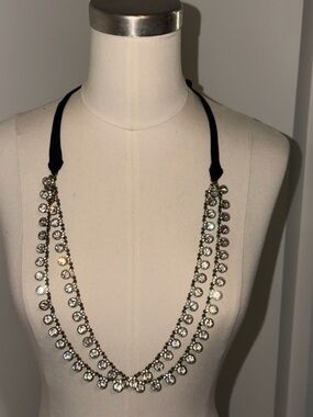 J.Crew Crystal Double Strand Necklace with Black Grosgrain Ribbon